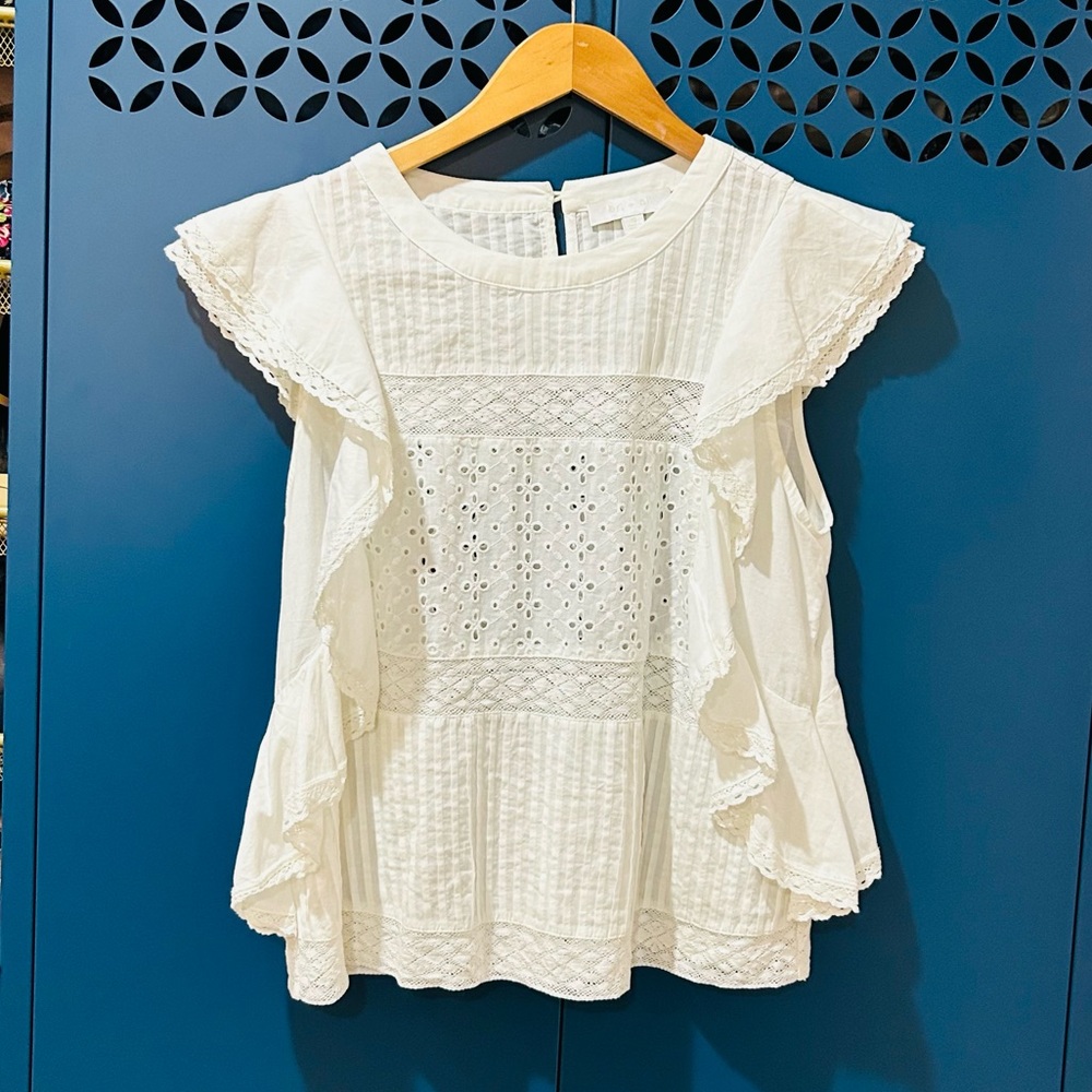 Eri + Ali Anthropologie Ivory Eyelet Ruffle Top Romantic Peasant Boho Size S